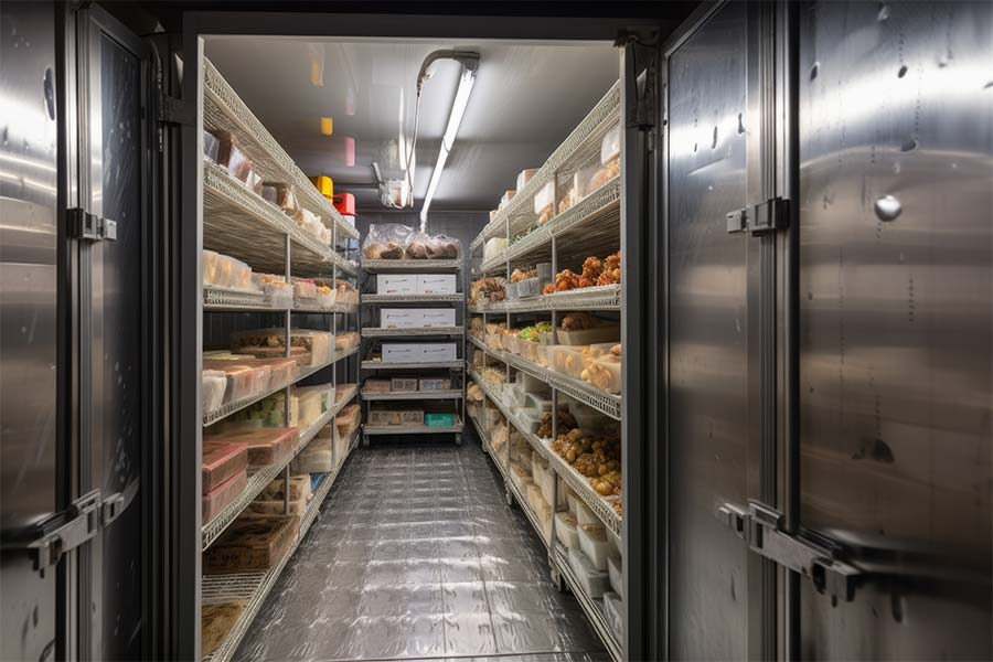 walk-in freezer, filled with block of ice and frozen foods